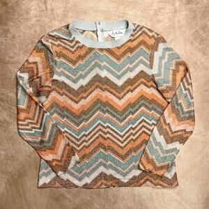 Vintage 70s Lady Manhattan Metallic Blouse Top Multicolor Zig Zag Striped Disco